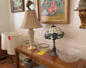 Tiffany style lamp, crystal punchbowl, silver trimmed serving bowls