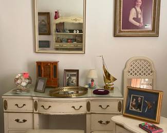 French Provencial dressing table with glass top, stool and mirror