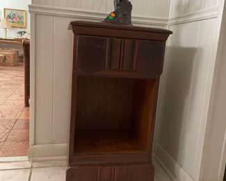 Bronze leaping stag sculpture, 1960s side table with drawer