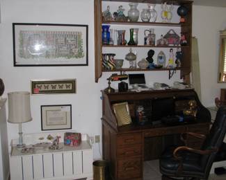 Oak rolltop desk, custom oak bookshelf, 1960s era toy chest