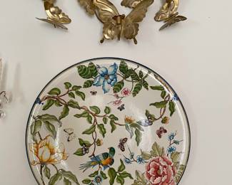 28" ceramic hand painted decorative hanging plate, Bronze butterfly candelabra