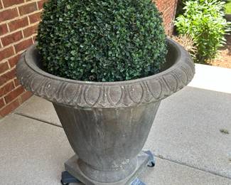 heavy concrete planter with faux boxwood