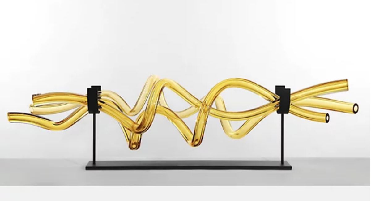 93. SkLO Amber Coil Sculptural Object on Polished Nickel Base (58" x 14" x 16")