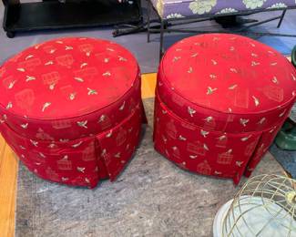 100. Pair of Custom Chinoiserie Upholstered Ottoman (22" x 18") (as is)