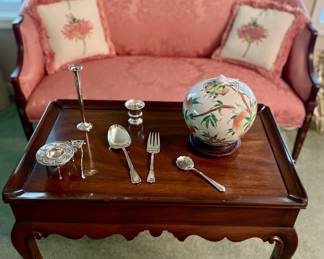 Henkel- Harris Mahogany Tea Table; Sterling Silver Collection