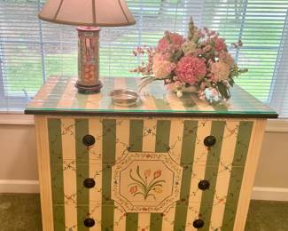 Hand Painted Chelsea House 3-Drawer Chest; Rose Medallion Porcelain Lamp; Silk Flowers
