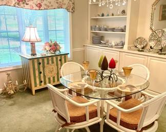 Bamboo  Glass Top  Table with 4 Swivel Cushion Chairs