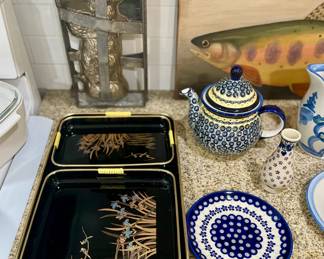 Antique Rabbit Chocolate Mold;  St of Toyo Japanese Trays;  Polish Pottery