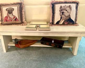 Distressed Cottage Bench; Custom Pillows