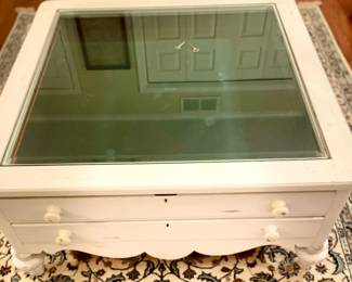 Distressed Square 2- Drawer Display Glass Top Coffee Table 