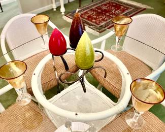 Hand Made Forged and Formed From Steel Candle Holder Trio; Set of 4  Vintage Hand Blown Amber Bubble Glasses