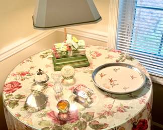 Porcelain Frederick Cooper Lamp; Vintage Laminated Sterling Silver Rimmed Tray