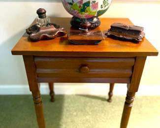 Antique Mahogany Table; French Desk Set; Tobacco Leaf Bowl