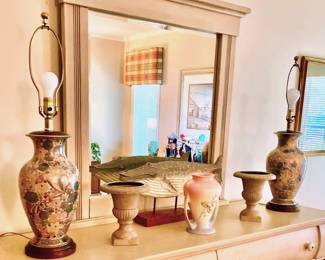 Pair of Oriental Lamps; Urns; Carved Whale