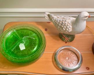 Uranium Depression Glass;  Pair Vintage Majolica Doves