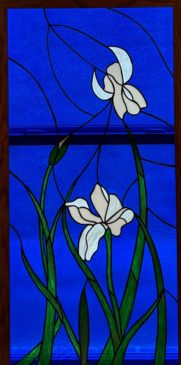 Large 2’ x 4’ Handmade Stained Glass - White Irises on Blue Background