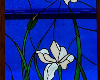 Large 2’ x 4’ Handmade Stained Glass - White Irises on Blue Background