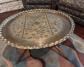 Mid-Century Modern Round Spider Leg and Bronze Moroccan Tray Coffee Table