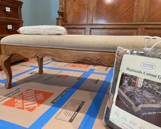 Wamsutta King Pillowcases, Full size Highlands cotton quilt, Bernhardt upholstered bench