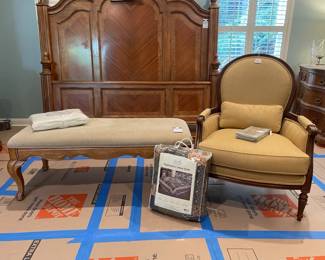 Bernhardt upholstered bench,  Full size Highlands cotton quilt