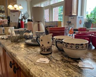 Anthropologie Bistro Tile Mugs, Anthropologie Bistro Tile Creamer
