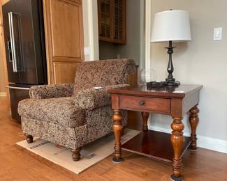 Paisley arm chair, Quoizel lamp, Bassett end table
