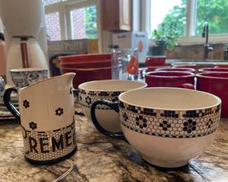 Anthropologie Bistro Tile Mugs, Anthropologie Bistro Tile Creamer