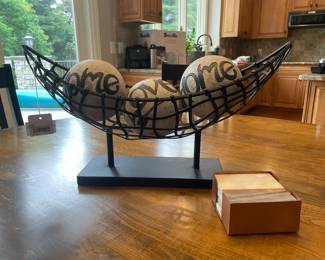 Metal Boat Bowl with Wood Orbs