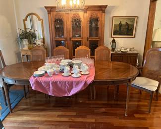 Dining Room table with 6 chairs: table is shown with 2 leaves in. 
Matching lighted hutch