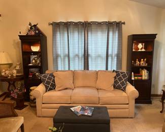 Neutral couch, matching bookcases