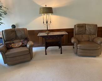 PAIR OF WORN LEATHER RECLINERS