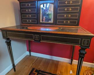 Very Fine antique black lacquer writing desk with leather writing pad, locking cabinet w/ key, 10 drawers, sculpted hardware & ormolu, and gallery rail.
