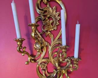 Vintage plastic Syroco (gilded look) wall scroll candle holder (LED flicker flame realistic wax candles sold sparately)