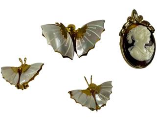 Whiting Davis Cameo Pin Brooch & MOP Butterfly Pin Matching Earrings