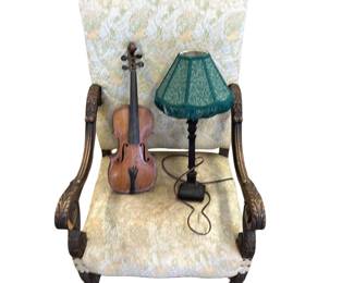 Hand Carved Wooden Arms Parlor Chair Old Violin & Candlestick Lamp