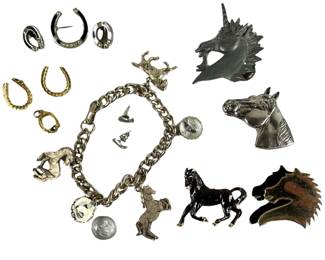 Reverse Painted Charm Bracelet Brooches Pin Black Silver Rhinestone Horse Shoe Pi
