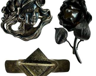 Beautiful Art Nouveau Flowing Hair Lady Brooch & Flower Deco Sterling 925