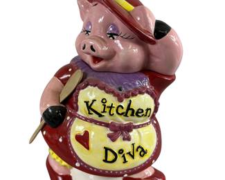 Lady Pig Kitchen Diva Cookie Jar with Wooden Spoon Mercuries Fashionista