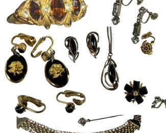 Jewelry: 1930s Gatsby Art Deco Style Choker Clip On Earrings Pins Jet Black Silver Gold