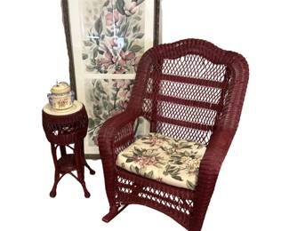 Burgundy Wicker Rocking Chair & Plant Stand Floral Azalea Upholstery Cushion