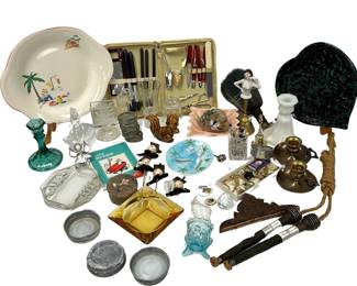 Junk Drawer Antique Stall Smalls LOT Ashtrays Brass Candlesticks Figures Bathing Beauty