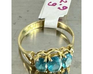 3 Stone Bright Blue Gemstone Ring 14KT Tested 2.9 grams
