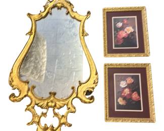 Gold Carved Framed Harp Shaped Wall Mirror Gilded Hollywood Regency Decor + Print