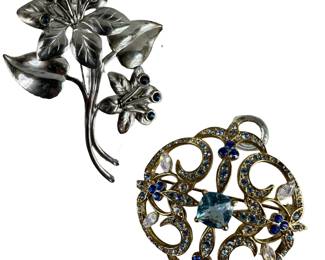 Gorgeous Victorian Art Nouveau Deco Sparkling Brooch & Pressed Metal Flower Pin Blue Stones
