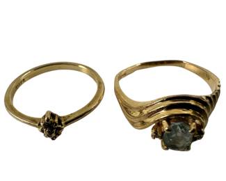 Fine Jewelry: 2 Rings Tiny Diamond & Nice Aquamarine or Blue Stone Art Deco Styling 14 KT Gold