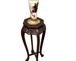 Carved Wood Octagonal Plant Stand Marble Top + Milk Glass Vase Hand Painted Roses
