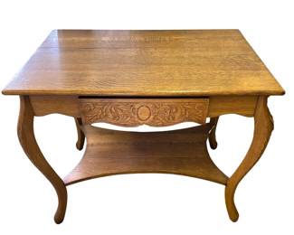 Quartersawn Oak Carved Wood Library Entry Table Desk 1 Drawer Lower Shelf