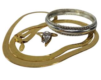 Silver Bangle Thick Flat Gold Chain & Ring Tear Drop Stone