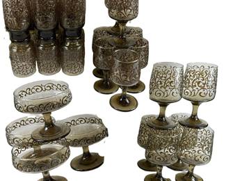 Midcentury Brown Amber Glasses Set Prado by Libbey Tumblers Stems