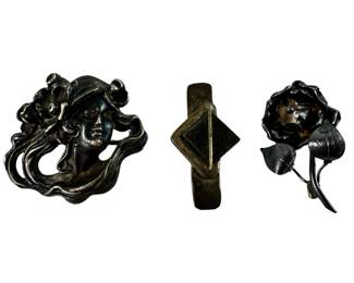 Fine Jewelry: Beautiful Art Nouveau Flowing Hair Lady Brooch & Flower Deco Sterling 925